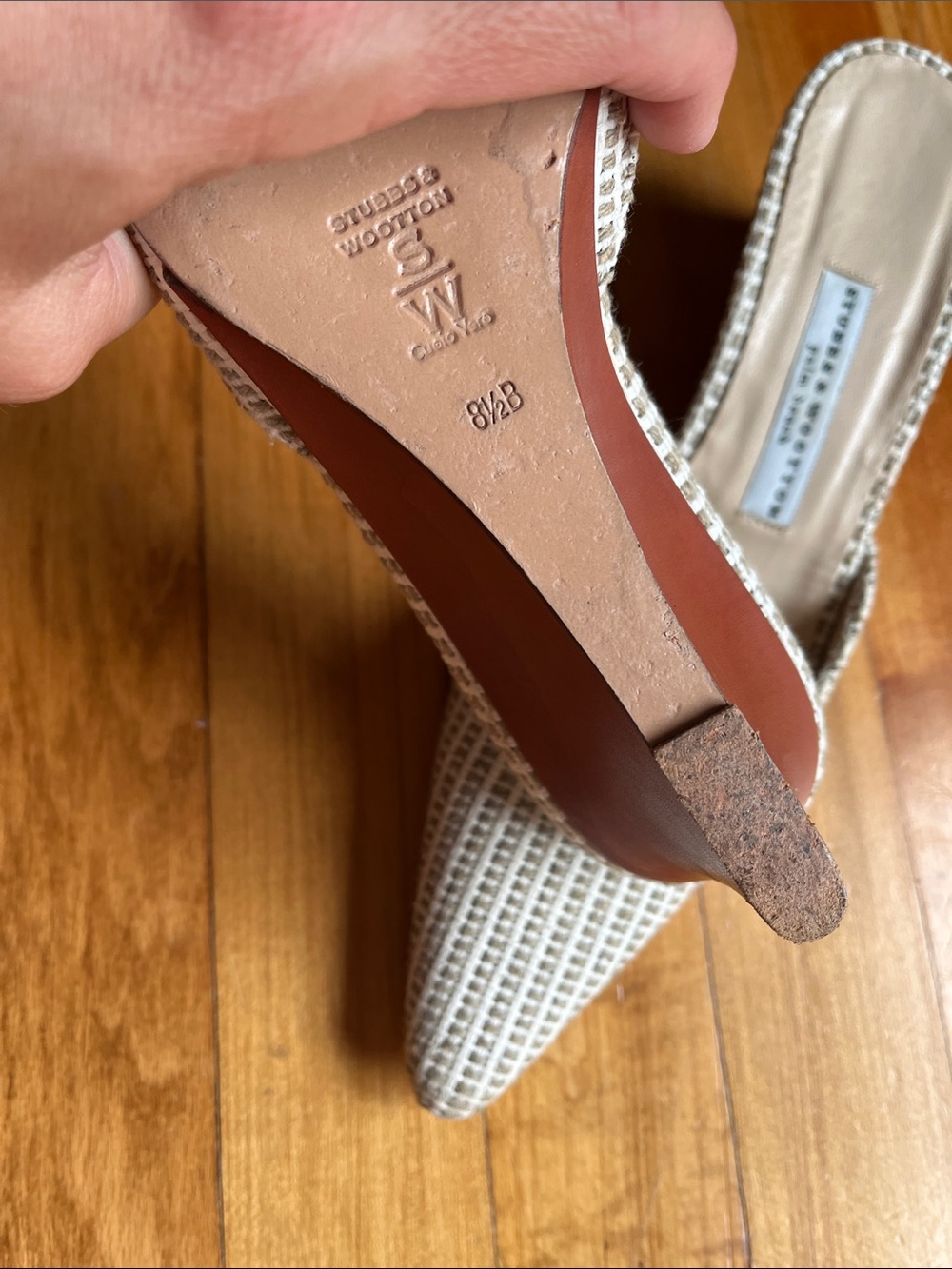 Stubbs & Wootton Raffia Woven Pointed Toe Tan Slide On Mules 8.5 wedge heel - Picture 4 of 7